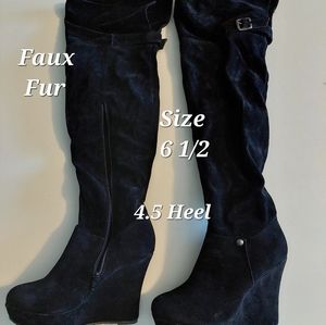 New in box Never wore Black Faux Fur high knee boots w/ wedge heel